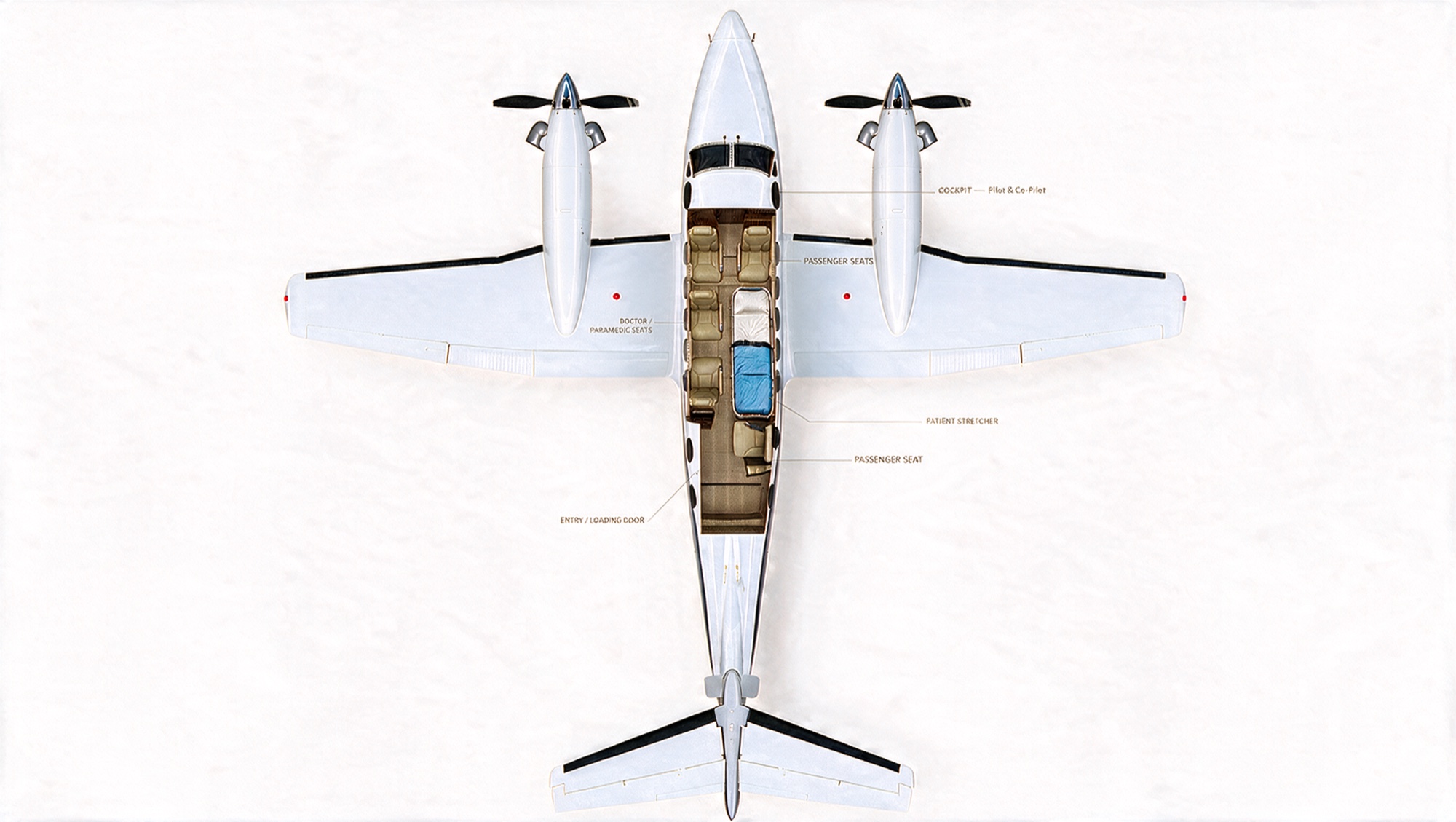 King Air B200 cabin layout showing the cockpit, passenger seats, doctor and paramedic seats, patient stretcher and the entry and loading door