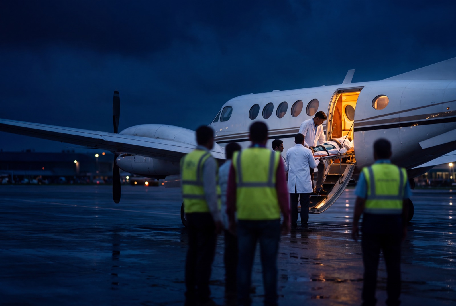 Airlogic King Air B200 loading a patient by stretcher on the tarmac at night